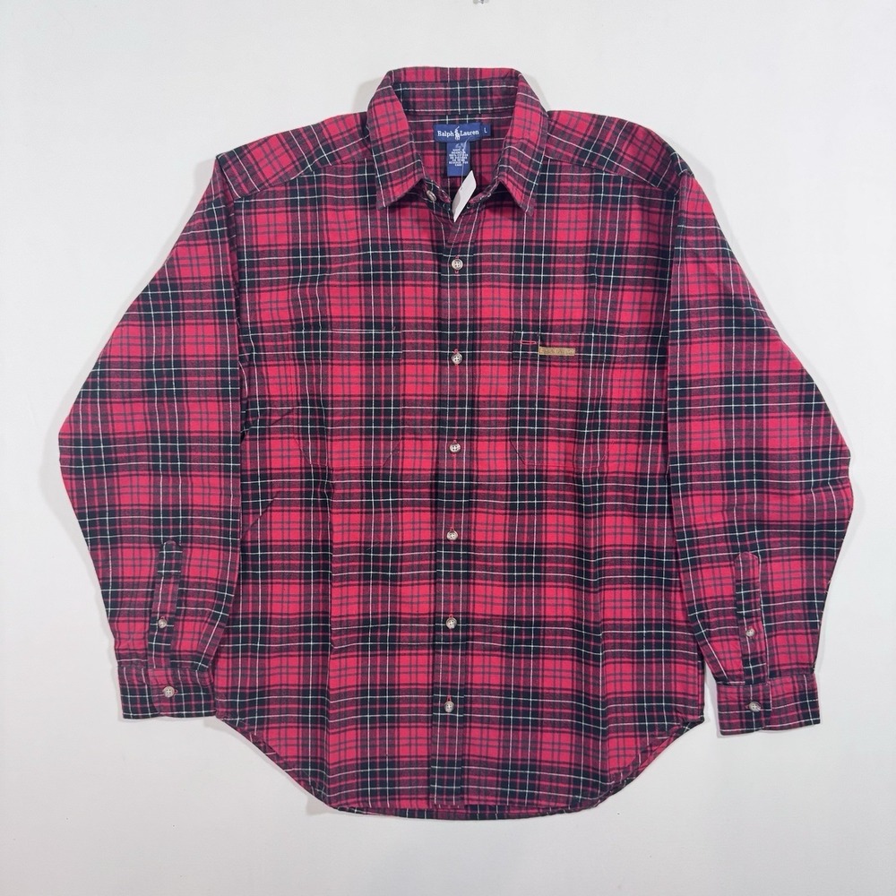 VTG Polo Ralph Lauren Men's Flannel Work Shirt Red Black Plaid L Lumberjack 90s